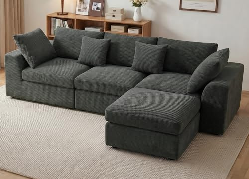 Benazcap 106 Modular Cloud Sectional Boneless Sofa with Movable Ottoman | Convertible L-Shaped Sectional Couches, Easy Assembly & Relocation for Living Room, Dark gray