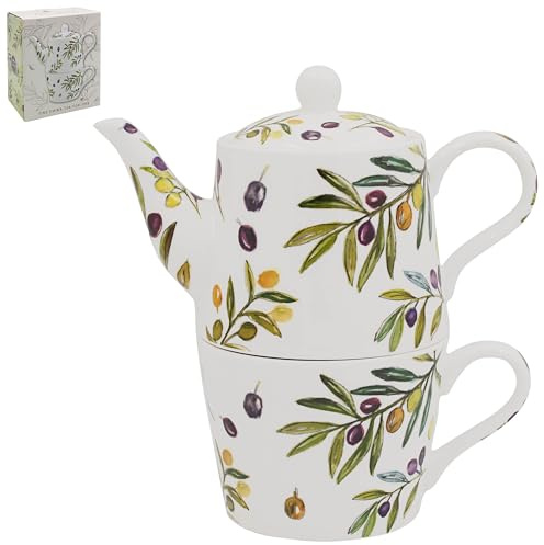 The Leonardo Collection Jennifer Rose Fine China Olive Grove Teapot & Cup | 250ml Cup, 400ml Pot, Fine China Construction, Matching Tea Set, Ideal for Home and Office Use