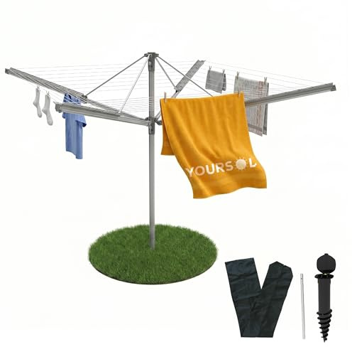 Yoursol Wäschespinne Valencia Premium 50 m mit Schutzhülle & Bodenhülse, Wäscheständer mit selbsteinziehenden Leinen bis 50 kg, Wäschetrockner stufenlos höhenverstellbar, Aluminium