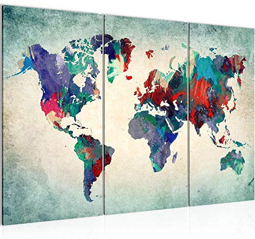 Runa Art Wandbilder Weltkarte Bild XXL Büro Wohnzimmer Bunt Grün Kontinente 120 x 80 cm 3 Teilig 105131b