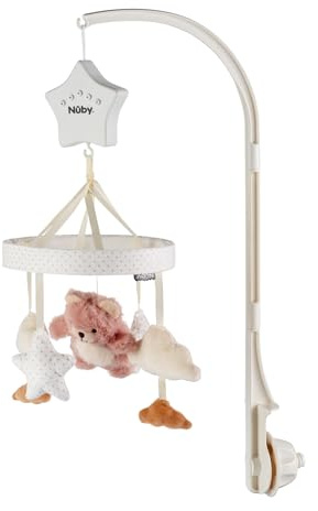 Nuby Móvil musical Biscuit the Bear Baby, brazo ajustable, se adapta a todas las cunas, sonidos relajantes