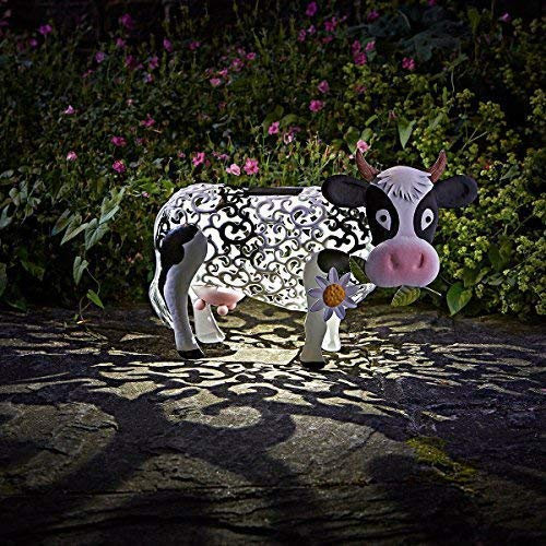 Garden Mile Metal Cow Garden Ornament - Filigree Light Scroll Effect - With Colour Changing LED - Garden Ornaments Solar Powered - Waterproof Decorative Outdoor Lighting for Patio, Decking