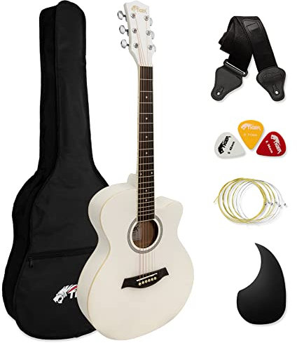 Tiger ACG1-WH Guitarra acústica de cuerpo pequeño con cuerdas de acero para principiantes - Blanco