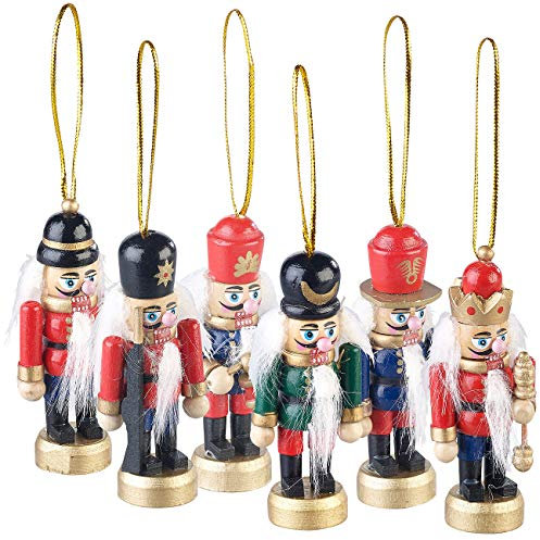 infactory Tannenbaum Schmuck: 6er-Set Holz-Weihnachtsbaum-Schmuck Nussknacker, handgefertigt, 8 cm (Weihnachtsdeko, Hängeschmuck, Weihnachtskugeln)