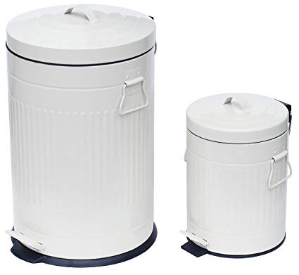 simpa 2PC Traditional Pedal Dustbin Set: 20L 20 Litre & 5L 5 Litre Duo Set - White - Vintage Style Indoor Metal Pedal Dustbin Set with Removable Inner Bucket.
