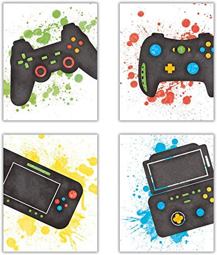 Interesting Video Game Art Prints,Watercolor Typography Cardstock, Funny Gaming Themed Poster,Match Controllers Picture,Artwork For Teen Boy Room,Kid Gamer Playroom Decor(set of 4 8x 10 Unframed