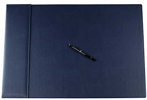 DELMON VARONE - personalisierbare Schreibtischunterlage 65 x 45 cm mit Klappleiste inkl. Block & Kalender 2025/2026 Lederimitiat Blau - Rutschfeste Kunstleder Schreibunterlage abwischbar