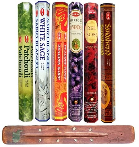 HEM Incense Sticks - 6 unique and premium flavours - Sandalwood, Red Rose, Lavender, Dragons Blood, White Sage, Patchouli with SAMASIA incense holder