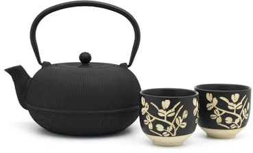 Bredemeijer Gusseisen Teekanne 1.0 L Set mit 2 Teebecher aus Porzellan - 3-teiliges Geschenk-Set