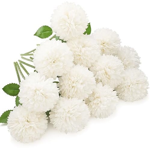 Floweroyal Künstliche Hortensienblüten 12St Seiden Chrysanthemen Kugelblumen Braut Hochzeitsstrauß für Zuhause Garten Party Sekretariat Kaffee Haus Dekorationen (Milchweiß).