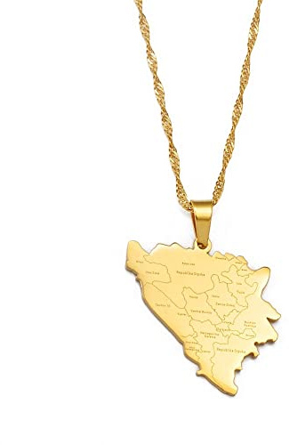HUYUEXIN Bosnien Und Herzegowina Karte Anhänger Halskette - Country Umriss Ethnischer Stil Hip-Hop Schmuck, Stadt Name Druck Charm Dünne Kette, Frauen/Mädchen/Männer Unisex