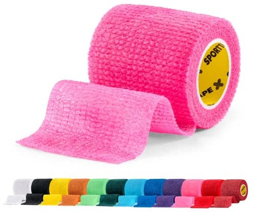 SPORTTAPE Self-Adhesive Football Sock Tape | 5cm x 4.5m - Pink | Cohesive Bandage Sock Wrap, Shin Pad Tape | Goalkeeper Wrist Tape & Football Ankle Tape | Pet & Vet Wrap for Dogs, Horses - Single Roll