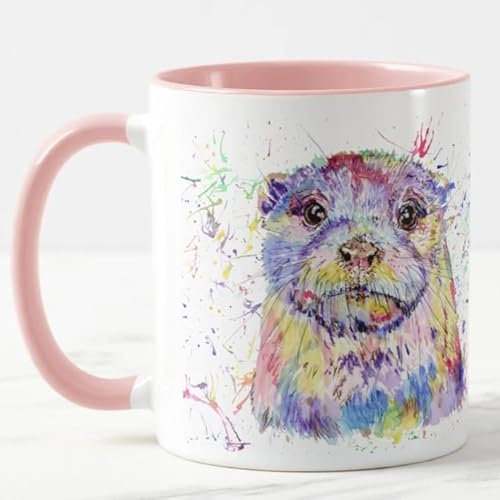 Vixar Otter Tasse mit britischem Wildtier-Aquarellkunst, bunt, Geschenk, Geburtstag, Arbeit, Büro, Weihnachten, Tee, Kaffee (Rosa)