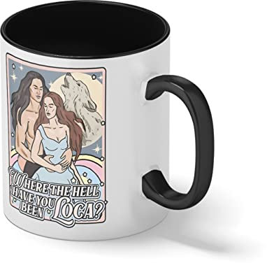 Vintage Art Bella Where the hell have you been loca Weiße Kaffeetasse Mug mit schwarzen Felgen & Griff