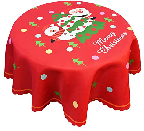 60 inch Runde Tischdecke Weihnachten Tischdecke mit Sankt-Schneemann-Weihnachtsbaum Motiv Rot Xmas Tischdecke Esstischdecke für Winterurlaub Weihnachten Home Party Decoration