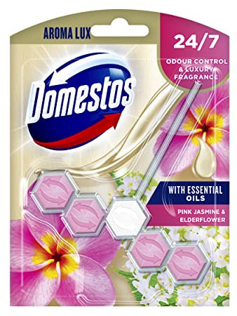 Domestos Aroma Lux Pink Jasmine & Elderflower toilet rim block fights bad odours for a fresh toilet 24/7 Toilet Block toilet freshener with highly concentrated fragrance oils 55 g