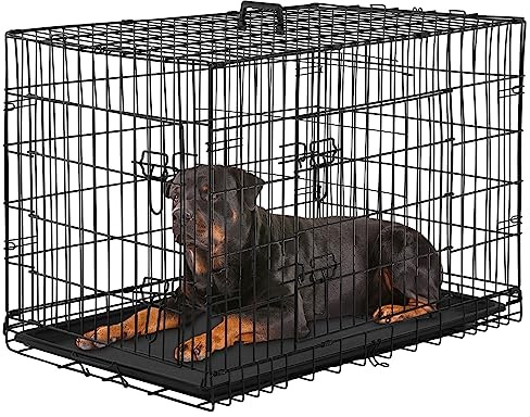 PayLessHere Große Hundebox für mittelgroße und große Hunde, Metall, Hundekäfig, Doppeltür, faltbar, für Reisen, drinnen und draußen, Welpenlaufstall mit Trennwand und Griff, Kunststoffschale, 106,7 cm