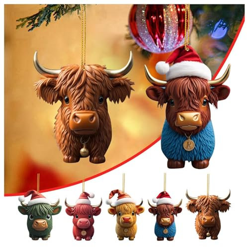 Weihnachtsbaumschmuck, 5 Stück Hochlandkuh Weihnachtsanhänger, 2D Hochland Kuh Anhänger aus Acryl, Weihnachtsdeko zum Aufhängen, Christbaumschmuck, Tannenbaumschmuck, Weihnachtsbaum Deko (5pcs)