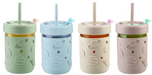 PandaEar 4 Pack Kids & Toddler Glass Cups, Glass Mason Jar Cups 8.45 oz with Silicone Sleeves & Straws, Toddler Spill-Proof Smoothie Cups
