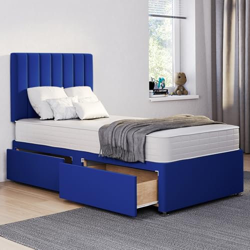ComfoRest - Elegant 3FT Single Bed with Mattress | Stylish Set for Modern Bedrooms | Functional Frame with 2 Storage Drawers for Space-Saving Solutions (Blue Plush)