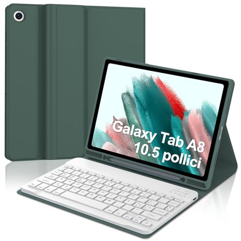 WINCHKING Teclado para Samsung Galaxy Tab A8 2021 (SM-X200/X205/X207), diseño italiano, funda para 10,5 pulgadas con bandeja para bolígrafos, teclado Bluetooth magnético extraíble, verde oscuro