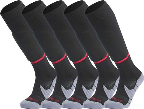 APTESOL Knielang Fußballsocken Kinder Jugend Erwachsene Lang Sportsocken Kissen Atmungsaktiv Soccer Trainingssocke (5-Paar Schwarz-B, EU 36-40)