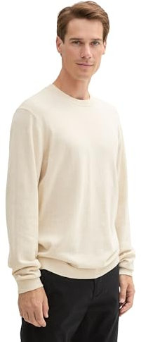 TOM TAILOR Herren 1043266 Basic Strickpullover mit Kaschmir, 36305-Sand White Melange, S