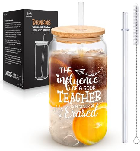 Joymaking Bamboo Lid Glasses with Straws - 16oz Iced Coffee Tea Glasses for Teacher Gifts