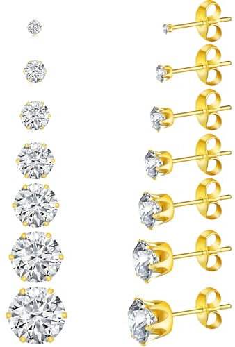 Yiorxu 7 Paar Ohrringe Helix Piercing Chirurgenstahl,Ohrstecker Titan Gold Silber Ohrringe Damen Set:2-8mm mit Zirkonia Steinen,Hypoallergen Cartilage Tragus Piercing Schmuck Geschenk