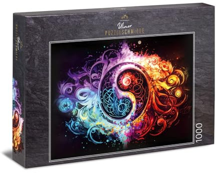 Ulmer Puzzleschmiede - 1000 Teile Puzzle Yin Yang - unser schwierigstes Yin Yang Puzzle - Intensive Farb-Effekte fließen in schwarzen Hintergrund - Puzzle-Qualität Made in Germany