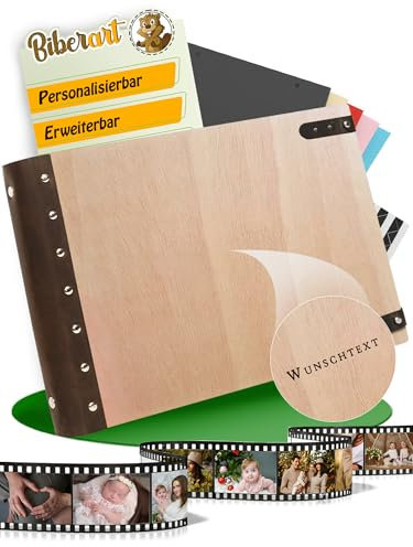 Personalisierbares Blanko Buch aus Holz mit Ledercover I als persönliches Geschenk zur Rente oder Abschied von Kollegen I Fotoalbum aus Holz mit Wunschtext Gravur I Zum Selbstgestallten