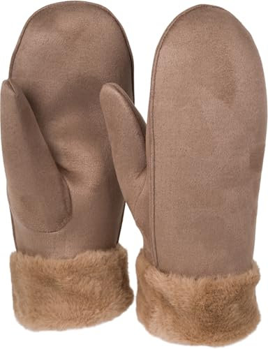styleBREAKER Damen Winter Fäustlinge aus Veloursleder-Optik mit weichem Kunstfell-Bund - Warme Fausthandschuhe 09010048, Farbe:Taupe