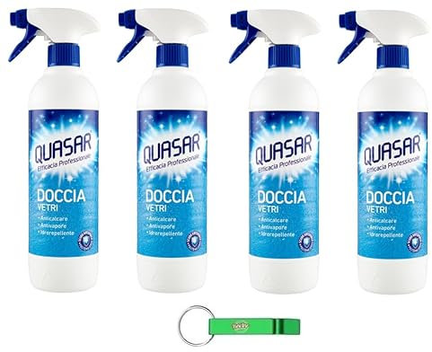 4 x Quasar Doccia Vetri – Pulitore spray ideale per la pulizia del vetro doccia – Detergente 580 ml + portachiavi Beni Culinari