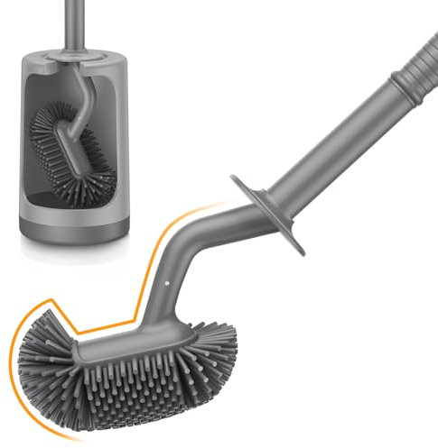 Hamitor Toilet Bowl Brush Holder Set: Silicone Toilet Cleaner Brush with Curved Design Deep Cleaning Compact Hidden Scrubber for Bathroom Small Space - Modern Rv Toilet Decor Accessories - Gray