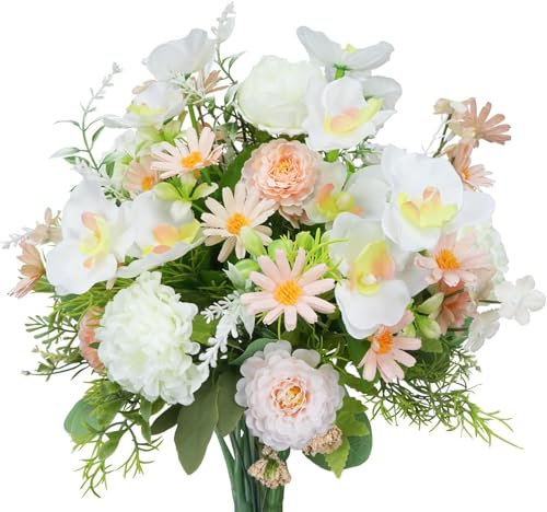 Zythrem Peony Artificial Flowers Faux Peonies Fake Flowers Silk Gerbera Moth Orchid Bouquet White & Pink Decorative Artificial Flower for Wedding Party Table Centerpiece Home Decor