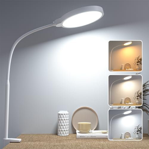 Hensam Lampe de Bureau LED, Dimmable Lumière Bureau avec Pince, 10 Niveaux de Luminosité et 3 Températures de Couleur, pour Éclairer Plan de Travail,Lecture,Table de Dessin,Étude, Blanc