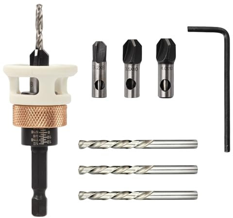 6-Piece Countersink Drill Bit Set, Countersink with Depth Stop, Countersink Drill Bit Set with 1/4 Inch Hex Shank Countersink Drill Bit for Wood Countersunk Bore, Precise Drills with Countersink for