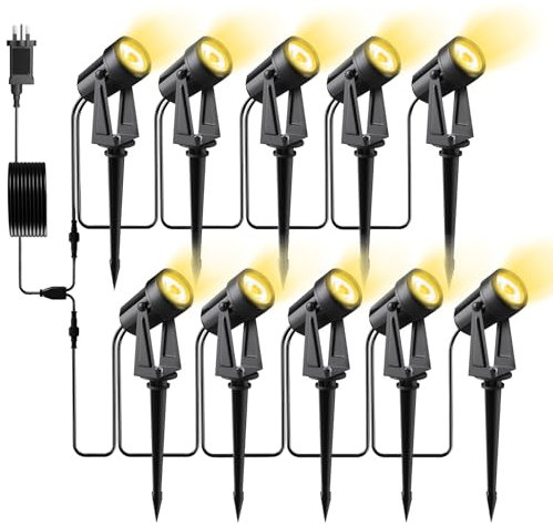 Pogestrand LED Gartenbeleuchtung mit Strom,32M/105FT 10er-1 Set,2000LM 2Wx10 Gartenstrahler 27V COB IP65 Wasserdichter Strahler Warmweiß mit Erdspieß für Außen Garten Yard