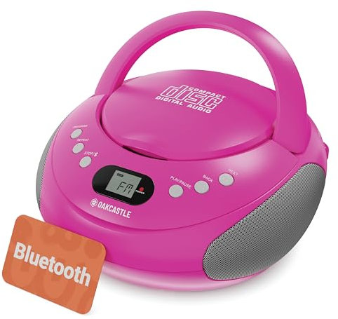 OAKCASTLE CD250 Boombox Bluetooth Portable | Contrôles faciles à Utiliser pour Enfants | Lecteur CD Portable avec Radio FM, 30 préréglages Radio, Affichage LED et Prise Casque (Rose)