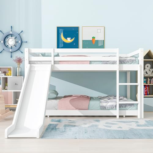 RIAZOS Children's Cabin Bed Frame with Slide & Ladder, Bunk Bed for Kids with Adjustable Ladder and Slide, Adjustable Lower Bed, 190x90cm+200x90cm, White