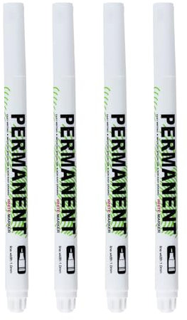 Knocery Stylo Blanc Indelibile, 4 Pièces Marqueur Permanent Blanc, Feutre Acrylique Imperméable, Pointe Fine 1-2 mm, Marqueur Peinture pour l'étiquetage du Métal, Verre, Roche ou du Plastique