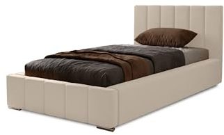 MARPUR Polsterbett Nero 80x200 cm, Bett mit Kopfteil, Doppelbett mit Bettkasten und Lattenrost aus Holz, Velourstoff: Beige