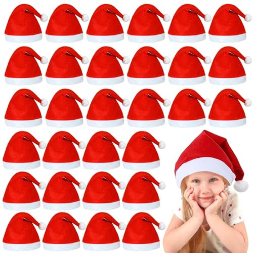 30 Stück Weihnachtsmütze,Rote Santa Mütze,Nikolausmütze Plüsch,Plüsch Nikolausmütze für Kinder,Weihnachtsmützen set