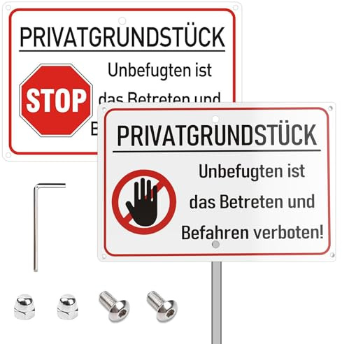 2 cartelli per terreno privato, 20 x 30 cm, cartello privato con palo da 70 cm, in metallo riflettente, impermeabile, antiruggine, con fori e accessori di montaggio