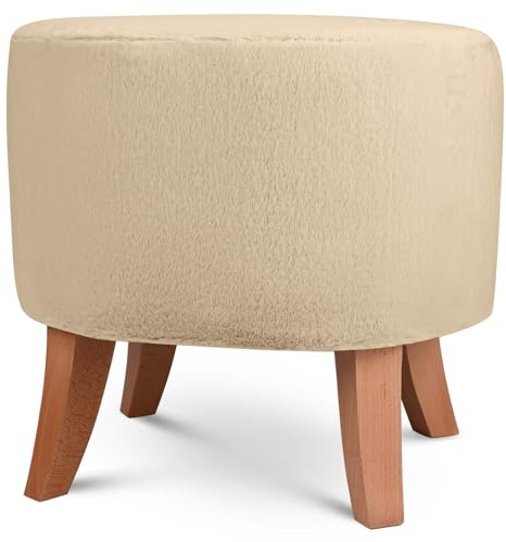 MG Design Pouf Ovale en Fausse Fourrure 42 x 52 cm en Beige avec Pieds en Bois – Repose-Pieds Confortable pour Salon ou Chambre