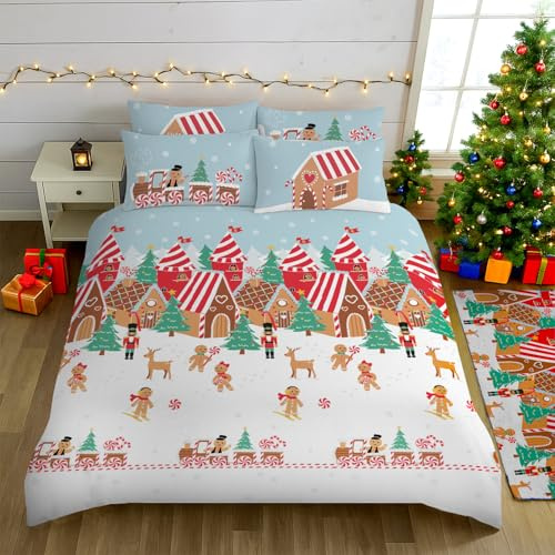 Velosso Gingerbread Village Christmas Bedding Set, Polycotton Duvet Cover with Button Closure, Machine Washable, Reversible Holiday Design with Nutcracker and Winter Scene (Double)