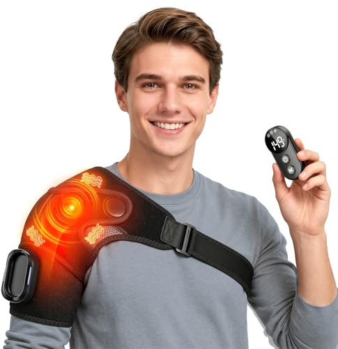 Cordless Heated Shoulder Brace Wrap with Massage, 5000mAh Battery & Magnetic Remote, 5 Heat/Vibration Levels, Adjustable Heating Pad for Rotator Cuff, Frozen Shoulder Pain Relief for Men Women