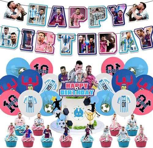 Football Star Messi Birthday Party Decorations Supplies: Banner, Balloons, Cake Toppers Cupcake Toppers, Ribbon