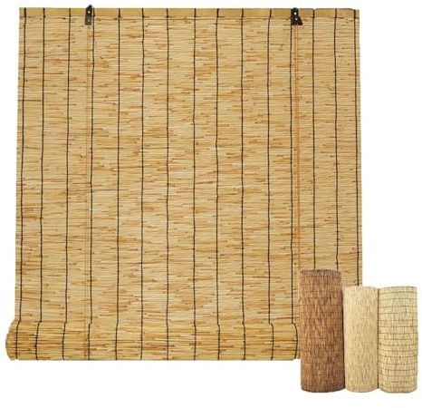 Bambusrollo Ohne Bohren, Natur Bambus Rollo Sichtschutz & Sonnenschutz 40-280cm Schilf Vorhang, Raffrollo Jalousie für Innen und Aussen, Einfache Montage Balkon Tür(Natural Black line,135W x 280H cm)
