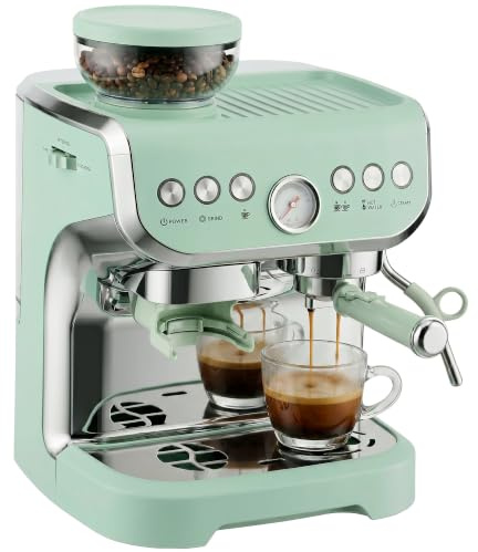 HOMCOM Bean to Cup Coffee Machine, Steam Wand, Light Green | Integrated Bean Grinder, 15 Bar Italian Pump, 2L Water Tank, Cappuccino Maker, Stainless Steel